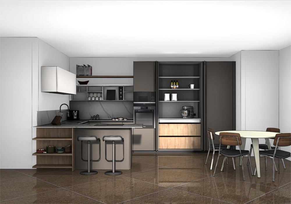 La Colonna Indoor è il cuore organizzativo del progetto. Ante rientranti nascondono un piano estraibile e ripiani inox, con due cestoni