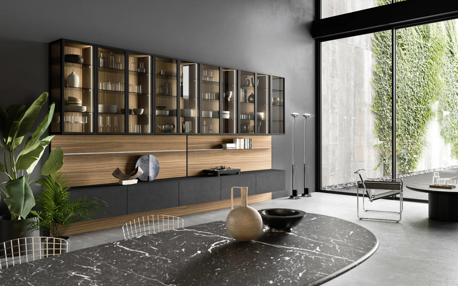 Cucina laccato effetto metallo con colonne a tutta altezza – Snaidero Link 04 1600x 1000