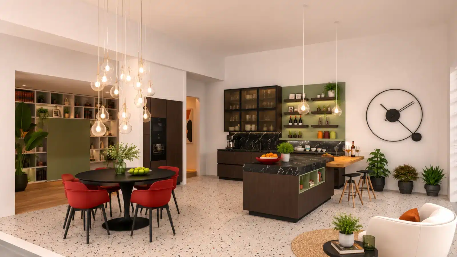 Veduta d'insieme del progetto: la cucina Snaidero Principio con isola centrale, snack bar in quercia e zona pranzo con tavolo Eclipse.