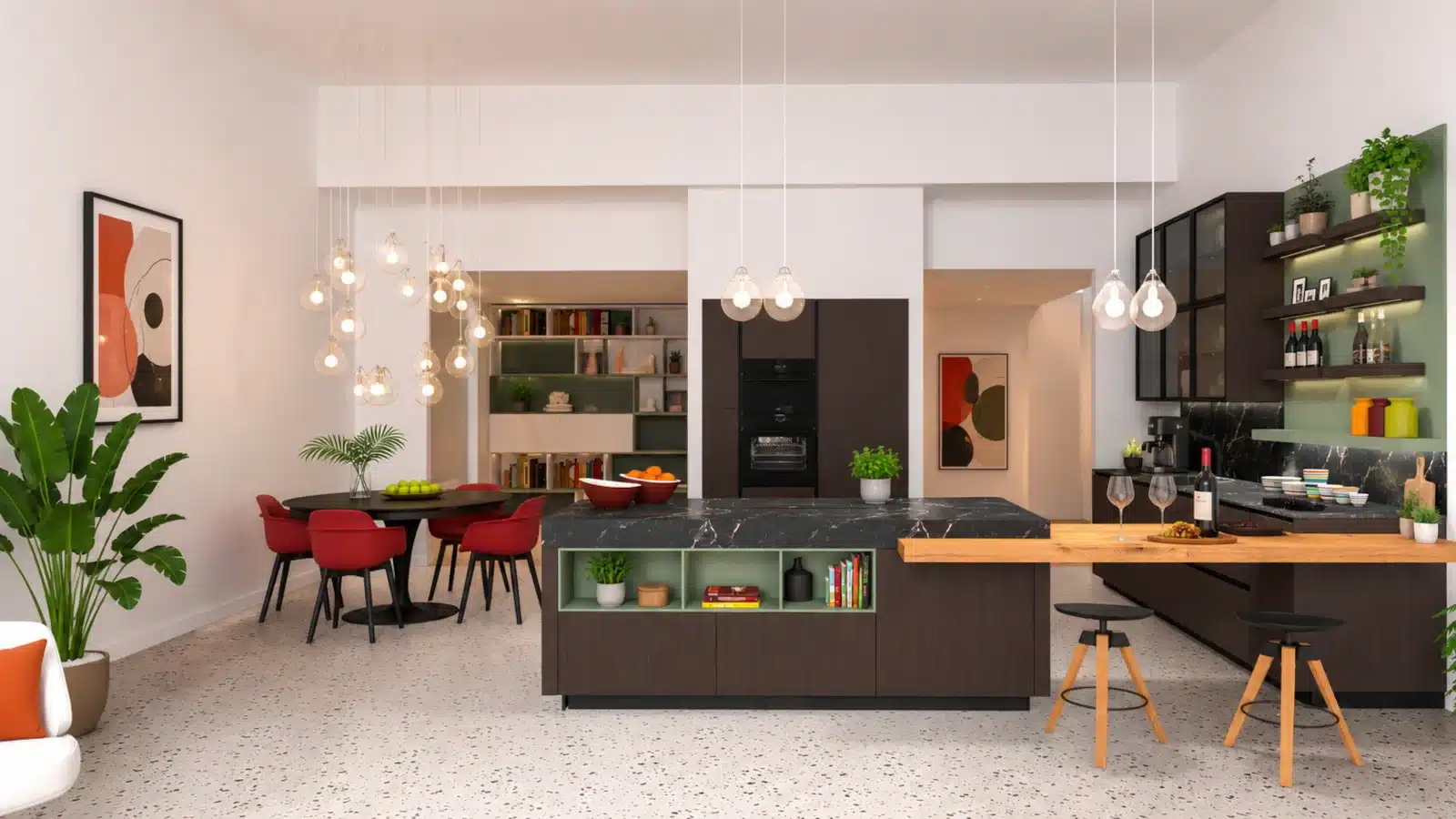 Progetto cucina componibile con isola a Napoli, Rovere lido con piano ceramica nero rigato e snack bar in quercia, e libreria a laccata verde té