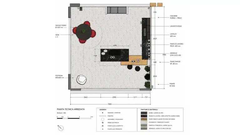 Progetto cucina con isola a Napoli in una villa a più livelli Pianta con misure