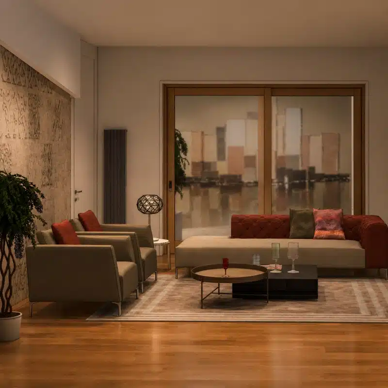 Il divano in tessuto con schienale trapuntato è il protagonista del relax e le due poltrone coordinate completano la zona living con stile.