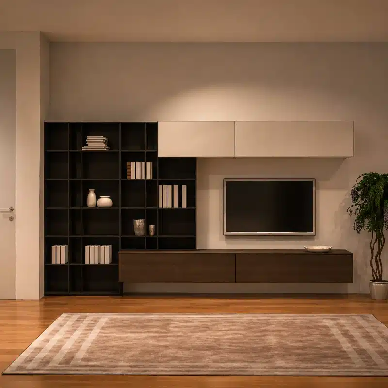 Libreria Laccata Grigio Scuro con Porta TV e I vani aperti offrono spazio per libri.