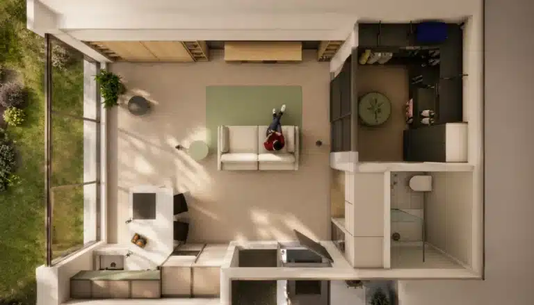 Vista planimetrica del monolocale 36 mq: si distinguono la zona giorno con parete attrezzata, la cucina con penisola, la cabina armadio ad angolo e l'armadio ingresso.