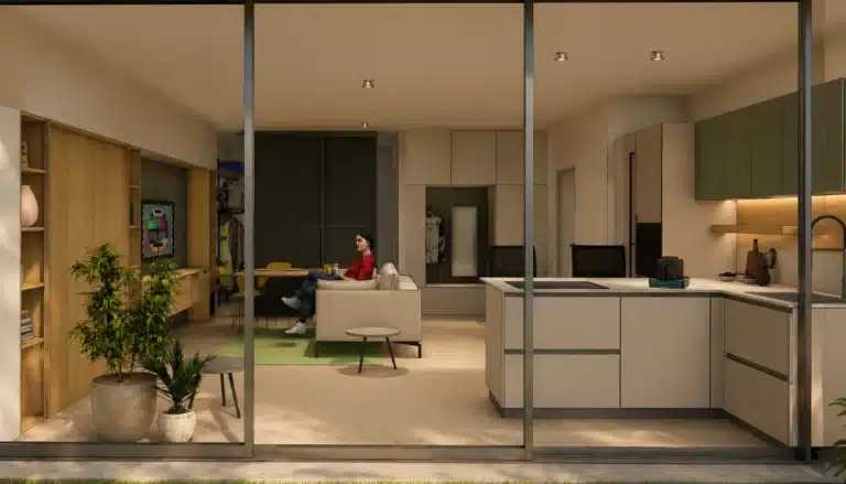Vista totale del monolocale dalla vetrata con divano da 180 cm definisce con precisione la zona relax