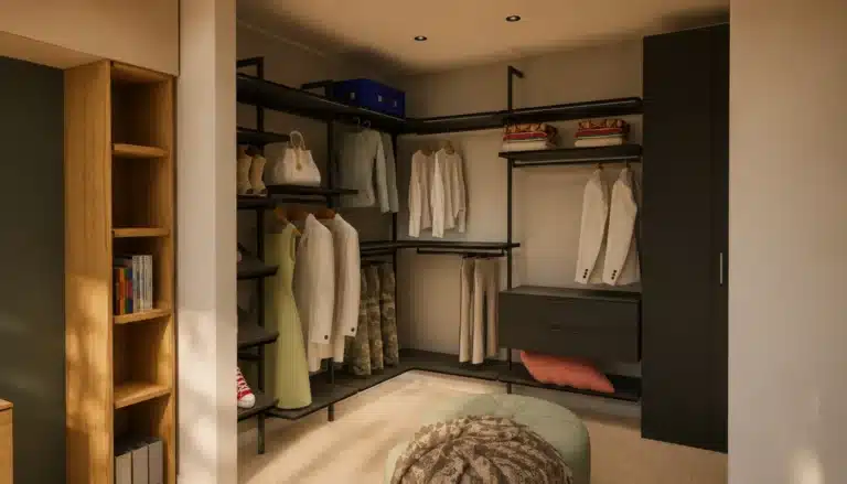 Cabina armadio sistema Uniko ad angolo: portali in alluminio con LED integrati colore Lavagna, ripiani porta-scarpe inclinati, cassettiera doppia e tubi appendiabiti.