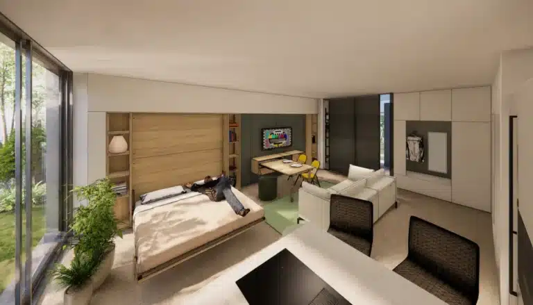 Il letto matrimoniale ribaltabile 160×190 aperto convive con il tavolo estraibile e la boiserie TV Arnad Salvia: tre funzioni in una sola parete da 480 cm.