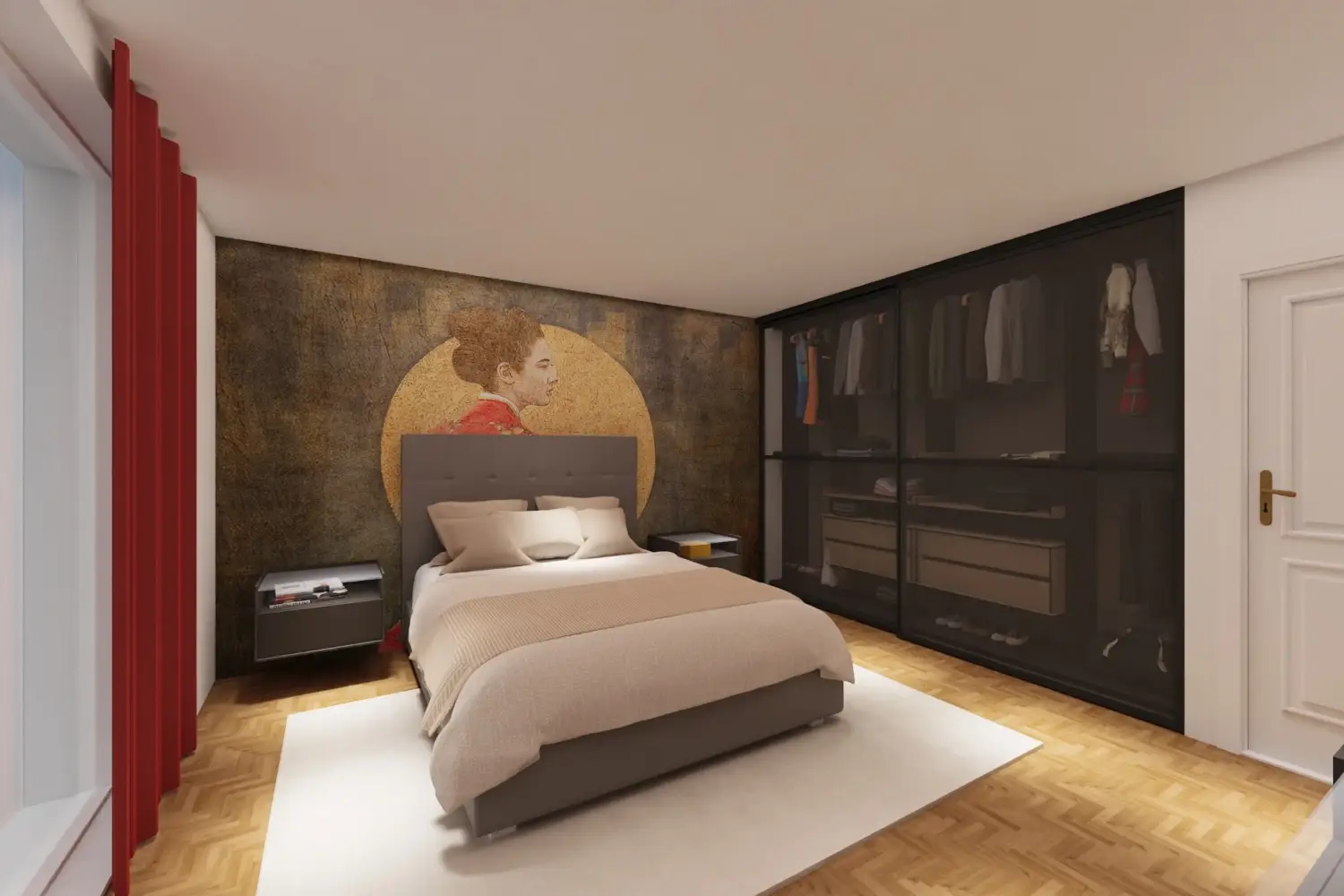 Progetto camera da letto ad Aversa con letto in pelle Twils, comodini pensili e carta da parati personalizzata