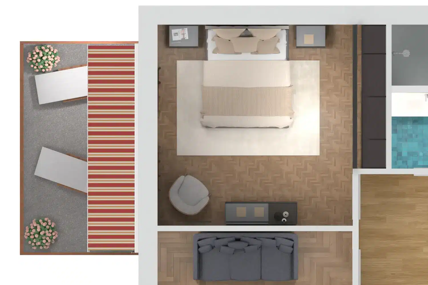 Pianta della camera da letto con letto centrale, guardaroba a parete e comò